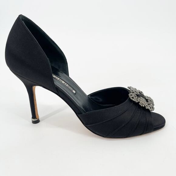 Manolo Blahnik Cassiado Black Satin Crystal Brooch D'Orsay Peep Toe Heels IT 36 - Picture 2 of 10